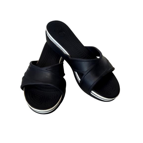 CROCS Shoes - CROCS WOMEN'S WEDGE HEEL SANDALS 9 BLACK BAND SLIDES CASUAL COMFORT